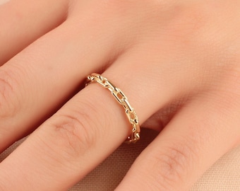 Anillo de cadena de oro macizo de 14 k, banda minimalista, regalo para dama
