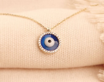14k Gold Evil Eye Necklace: Swarovski Enamel Pendant