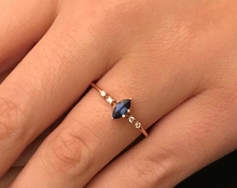 14K Solid Gold Marquise Sapphire Diamond Ring - Minimalist Proposal Ring
