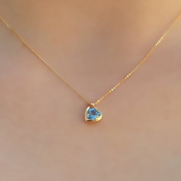 14 K   Aquamarine Heart Necklace - Gold Necklace  - Heart Necklace