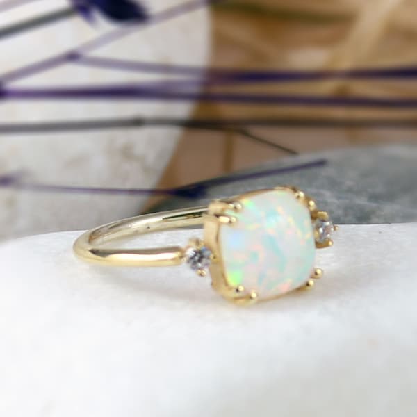 14k Gold Opal Ring / Dainty Opal Ring / Opal Stacking Ring / Natural Opal / Promise Ring / Opal and Diamond RIng / Statement Ring