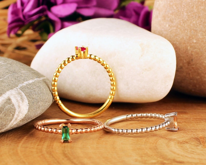 Colored Baguette Ring 14 K Gold Rings Unique Ruby Stackable Rings 14 K Gold Minimalist Diamond Rings