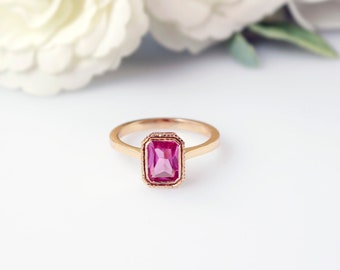 14K Gold Pink Gemstone Ring, Emerald Cut Minimalist Ring, Handmade Fine Jewelry Gift for Her/ Promise Ring / Sapphire Ring / Statement Ring