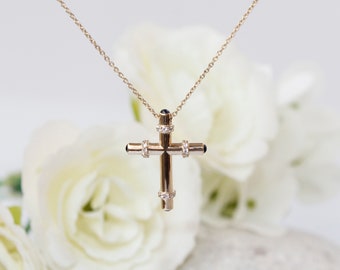 14K Solid Gold Diamant Kreuz Halskette / Taufe Kreuz Geschenk / Religiöse Kreuz Halskette / Schutzhalskette / Christlicher Kommunion Schmuck
