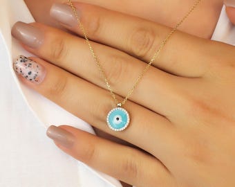 14K Gold Evil Eye Necklace, Turquoise Enamel Nazar Pendant with CZ Halo, Protective Minimal Jewelry Gift for Her