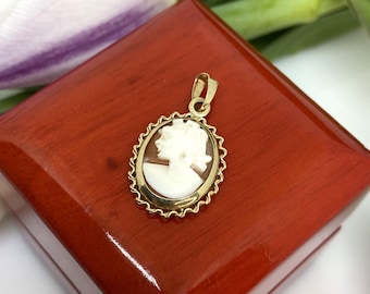 May include: A gold-toned pendant with a cameo of a woman's profile in white. The pendant is in a red velvet box.
