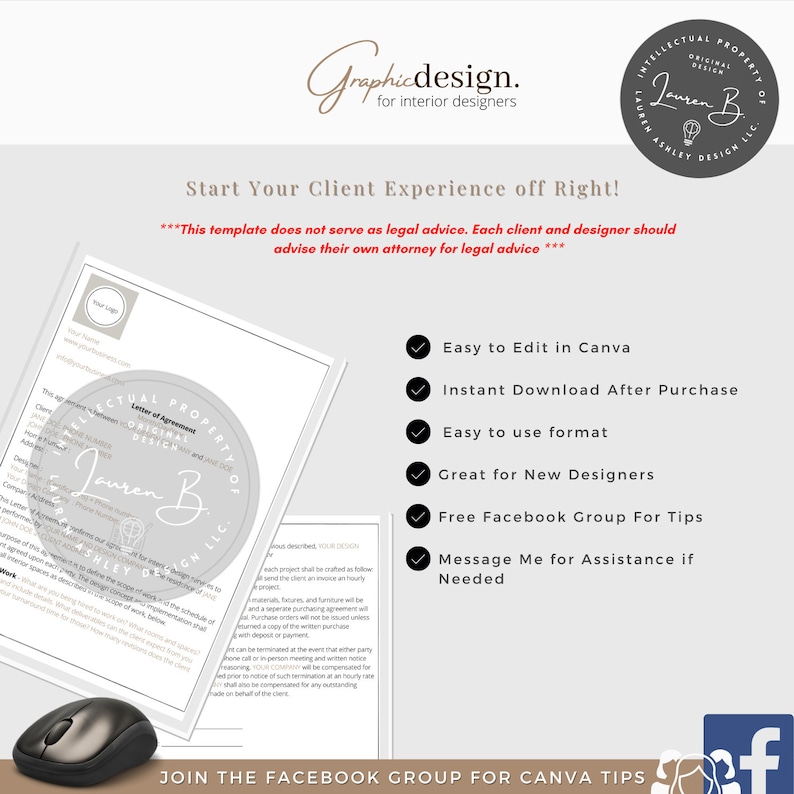 Interior Design Hourly Letter of Agreement Editable Template Etsy