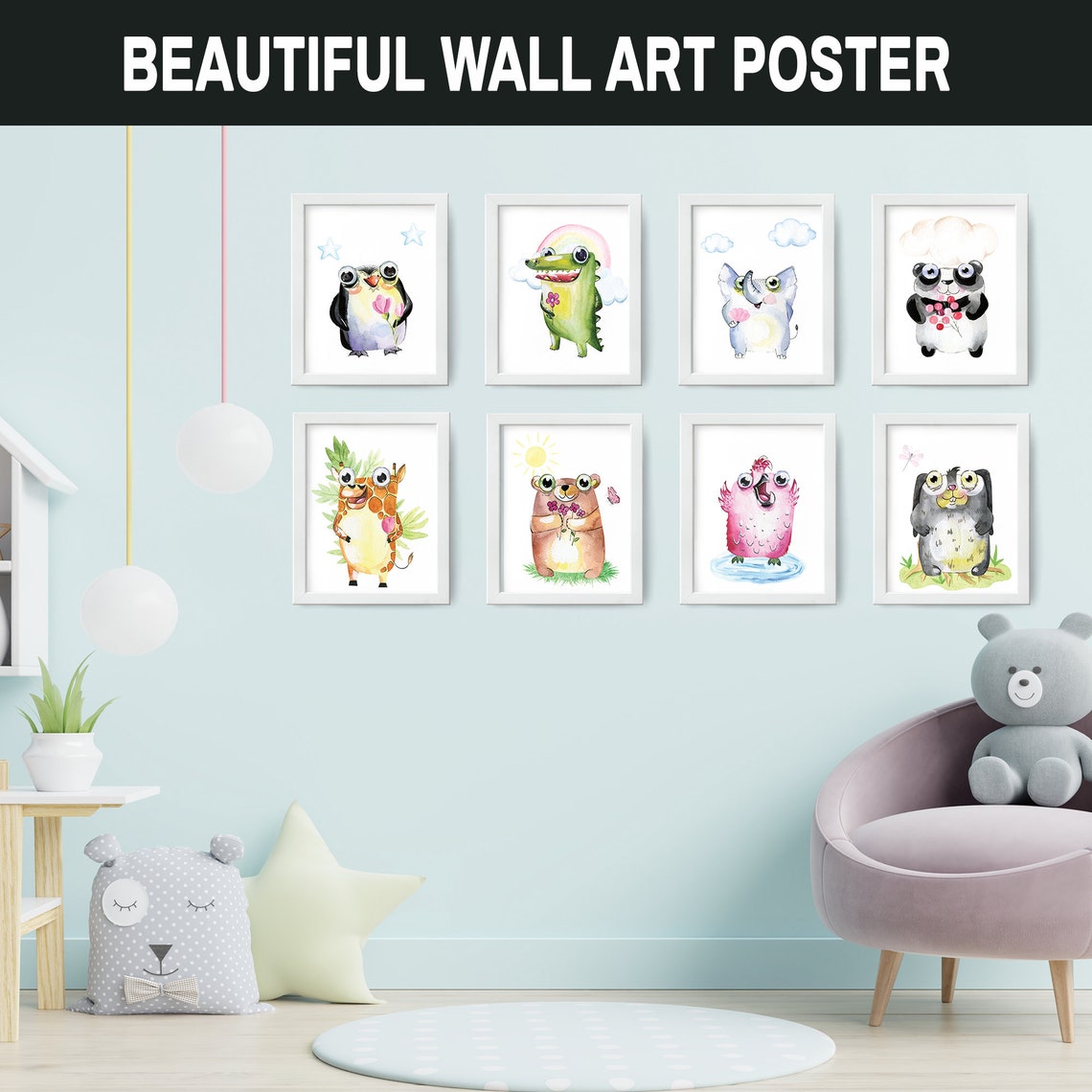 Cute Animals Wall Art Poster Prints Nursery Wall Art Decor Etsy