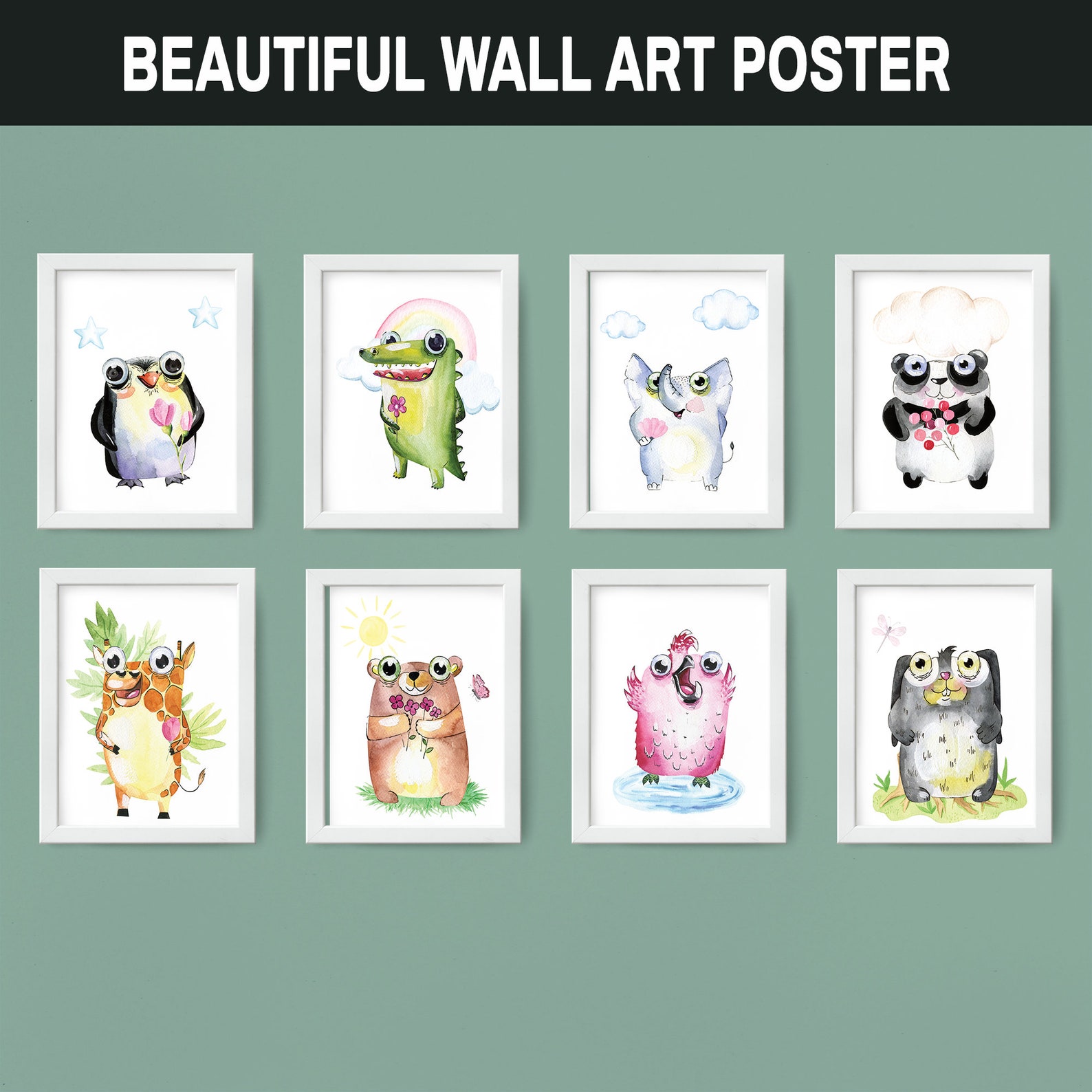 Cute Animals Wall Art Poster Prints Nursery Wall Art Decor Etsy