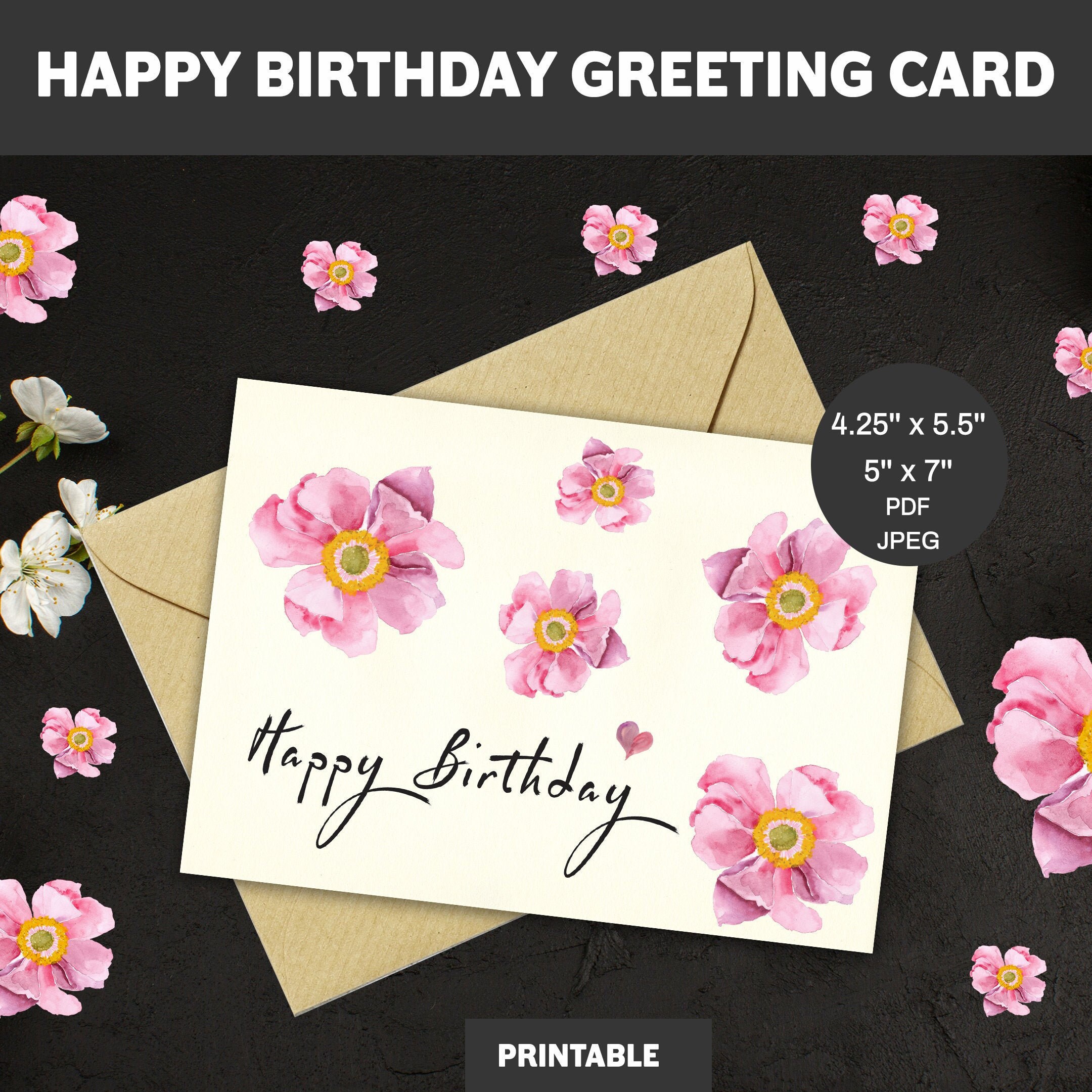 Printable Happy Birthday Greeting Card Pink Flowers - Etsy