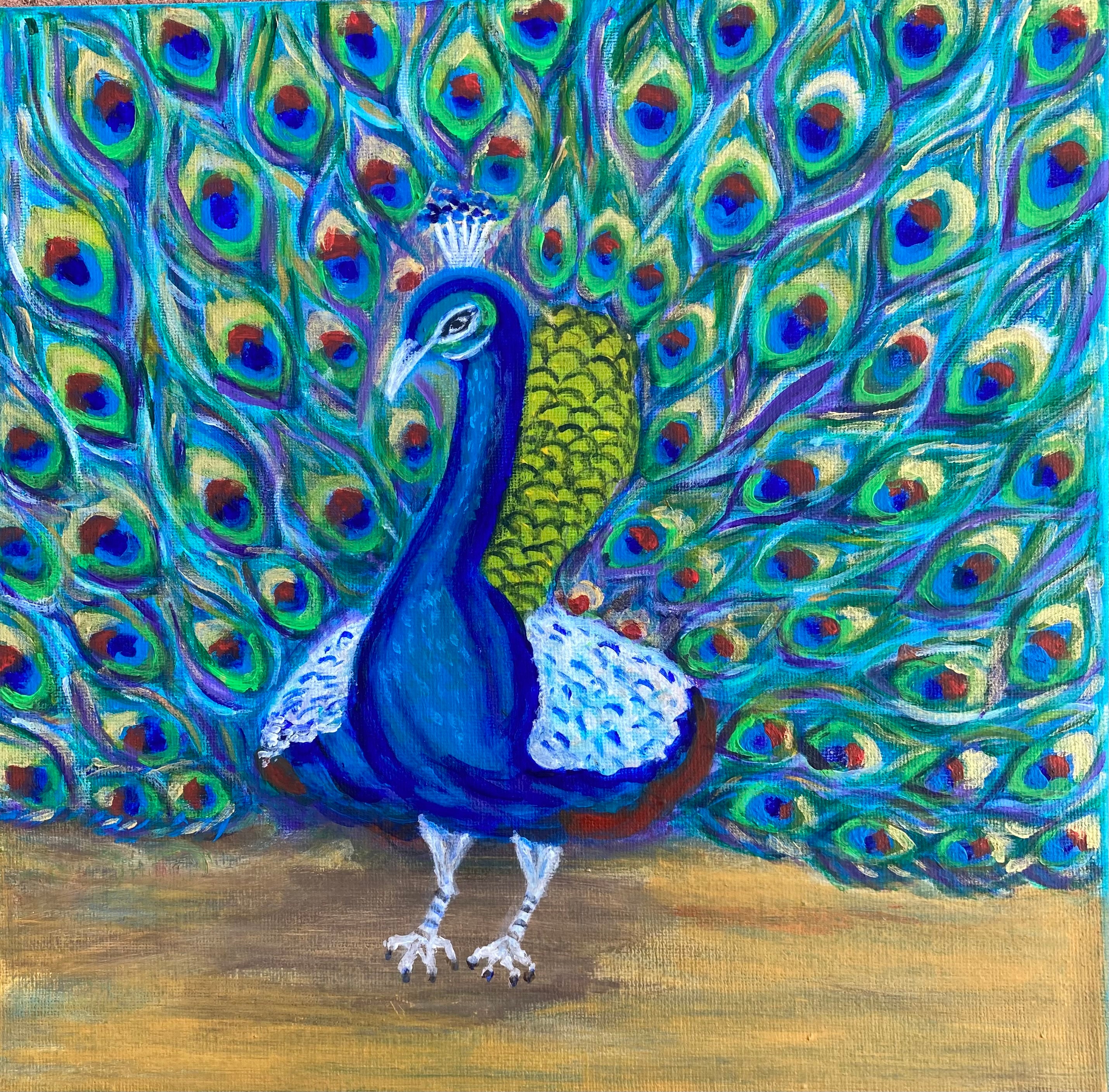 Art Original Painting of a Peacock in Acrylic on Canvas Wall Decor