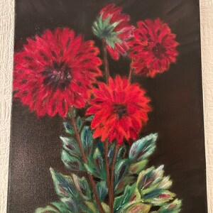 Painting of red dahlias in oil on canvas original wall art