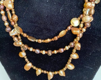 Handcrafted Bronze/Gold Pearl Necklace, 3-Strand Neutral Accessory
