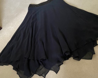 Donna Ricco hankerchief hem soft black chiffon skirt with satin waistband.  33 inch in length   Size 10  Perfect Condition Never Used