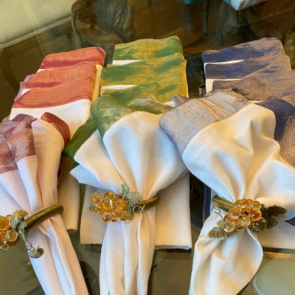 Roberts-Domono Napkins - 100% Linen with silk organza trim in red, green, blue & gold trim.  Perfect condition - Never Used