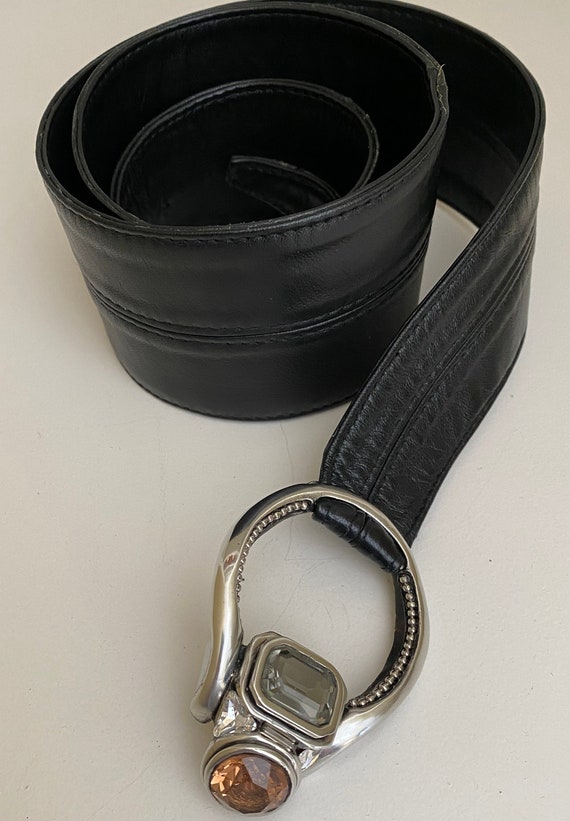 Black Leather Belt With Topaz & Smokey Quartz, Silver  display picture 2