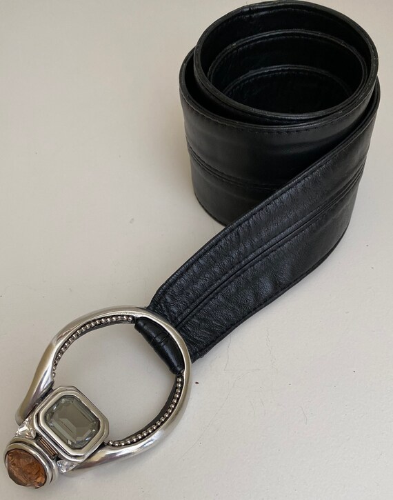 Soft black leather belt with  silver metal closur… - image 3