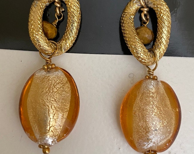 Featured listing image: Gold Tone Oval Drop Earrings with Amber Stone