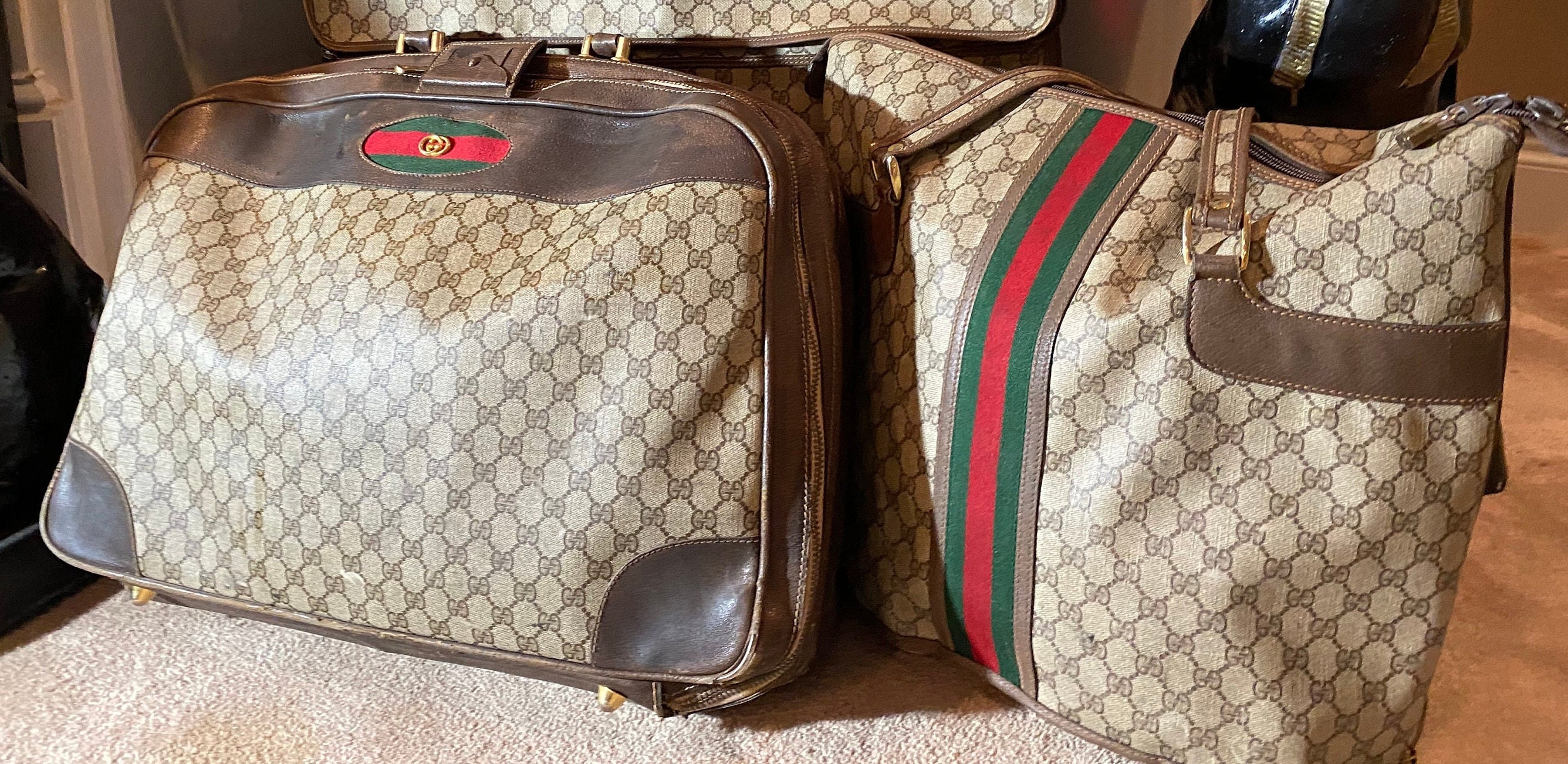 Three Piece Vintage Gucci Luggage, to include two overnight soft