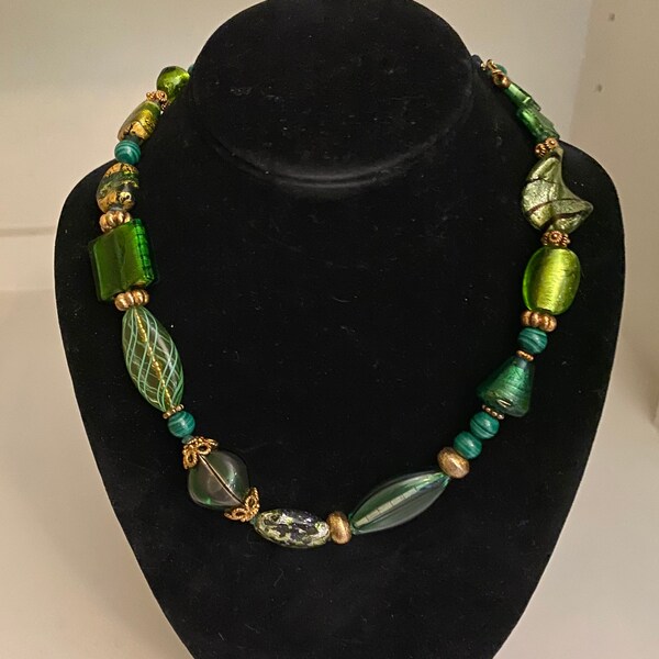 Green Venetian Glass Bead Necklace, One of a Kind, 18 inch.