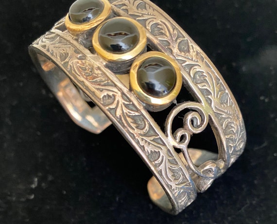 Silver Cuff Bracelet, Black Onyx Accents, Intrica… - image 2