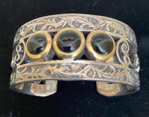 Silver Cuff Bracelet, Black Onyx Accents, Intrica… - image 1