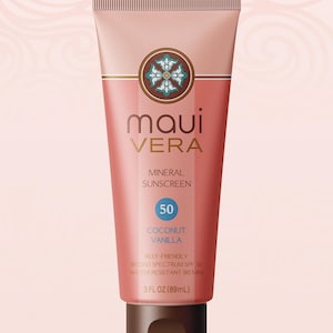 May include: A tube of Maui Vera mineral sunscreen. The tube is primarily coral with a light pink top and a dark brown cap. The label includes the brand name, product type, SPF 50, and the scent, Coconut Vanilla. The tube contains 3 fl oz (89mL).