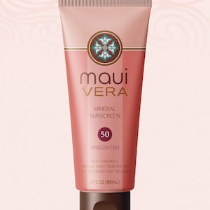 May include: A tube of "Maui Vera" mineral sunscreen. The tube is primarily pink with a brown cap. The text on the tube includes "Mineral Sunscreen", "50", and "Unscented". It is reef-friendly and water resistant.