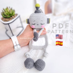 NUR MUSTER: Roboter Lovey Roboter Baby Schmusetuch Selbst gehäkelter Roboter PDF in Englisch, Spanisch Bild 1