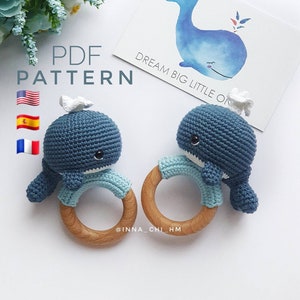 MOTIF UNIQUEMENT : Hochet bébé baleine Cadeau de douche de baleine Crochet Baleine bleue Jouet Tutoriel PDF en anglais, espagnol, français image 1