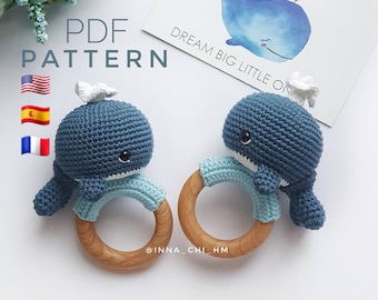 PATTERN ONLY: Whale baby rattle | Whale shower gift | Crochet Blue Whale Toy | PDF Tutorial in English, Spanish,  French