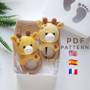 HÄKELMUSTER Giraffen-Babyrassel Handgefertigtes Geschenk zur Babyparty Schwangerschaftsgeschenk PDF-Tutorial in Englisch, Spanisch, Französisch Bild 1