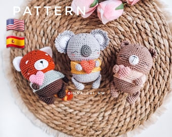 PATTERN ONLY: Koala, Bear, Red panda with hearts | Woodland amigurumi toys | PDF Pattern in English, Spanish