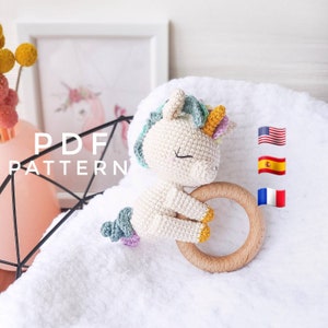 PATTERN ONLY: Unicorn baby rattle Unicorn amigurumi toy Unicorn toy tutorial PDF Crochet Pattern in English, Spanish, French zdjęcie 1