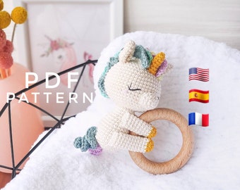PATTERN ONLY: Unicorn baby rattle | Unicorn amigurumi toy | Unicorn toy tutorial | PDF Crochet Pattern in English, Spanish, French
