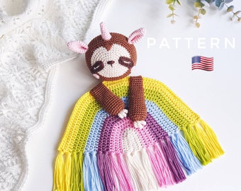 SOLO PATRÓN: Slothicorn Lovey / Slothicorn Baby Security Blanket / Rainbow Lovey crochet toy / Diy crochet Sloth / PDF en inglés