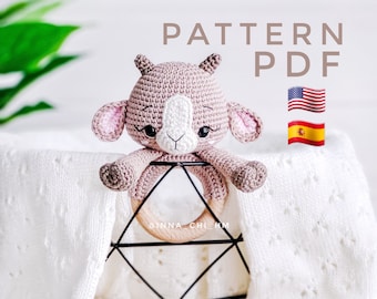 SOLO PATRÓN: Sonajero de cabra para bebé / Juguete amigurumi de cabra / Animal doméstico de bricolaje / Patrón P fácil de seguir en inglés, español