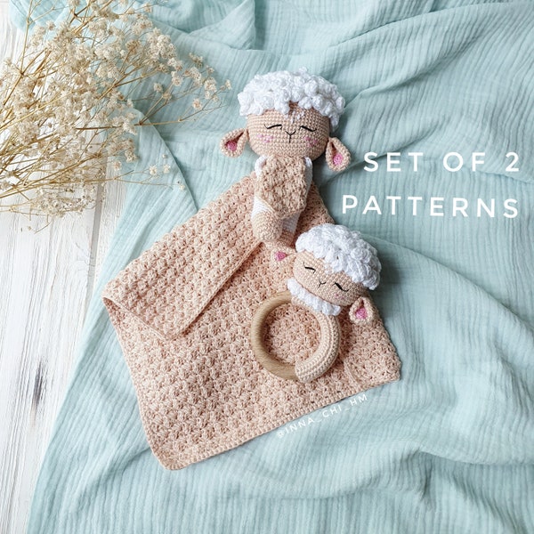 SET of 2 PATTERNS Lamb Rattle and Lovey Blanket| Lamb security blanket | Crochet Baby Toys | Amigurumi Toys | PDF English Patterns