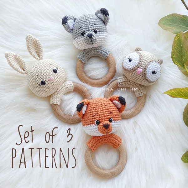 Woodland Animal Crochet Rattle Pattern Set: Fox, Wolf, Bunny, Owl (PDF Pattern)
