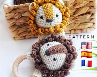 NUR MUSTER: Löwe Babyrassel | Safari Tier Spielzeug | Amigurumi Löwe Spielzeug | PDF Anleitung in Englisch, Französisch, Spanisch