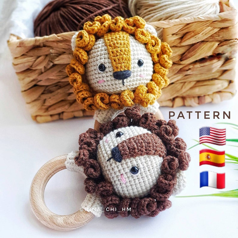 PATTERN ONLY: Lion Baby Rattle Safari Animal Toy Amigurumi lion toy Easy To Follow PDF Pattern in English, French, Spanish image 1