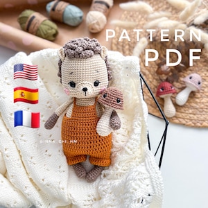 ALLEEN PATROON: egel met paddenstoel | Gehaakt egelamigurumispeelgoed | Diy knuffel egel | PDF-patroon in het Engels, Frans en Spaans