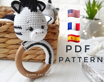 PATTERN ONLY: Zebra baby rattle | Safari Animal Toy | Easy To Follow pdf Pattern in English (US terms), French, Spanish