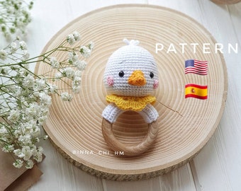 PATTERN ONLY: Goose baby rattle | Domestic Animal Toy | Amigurumi Goose Tutorial | Easy To Follow PDF in English,  Spanish