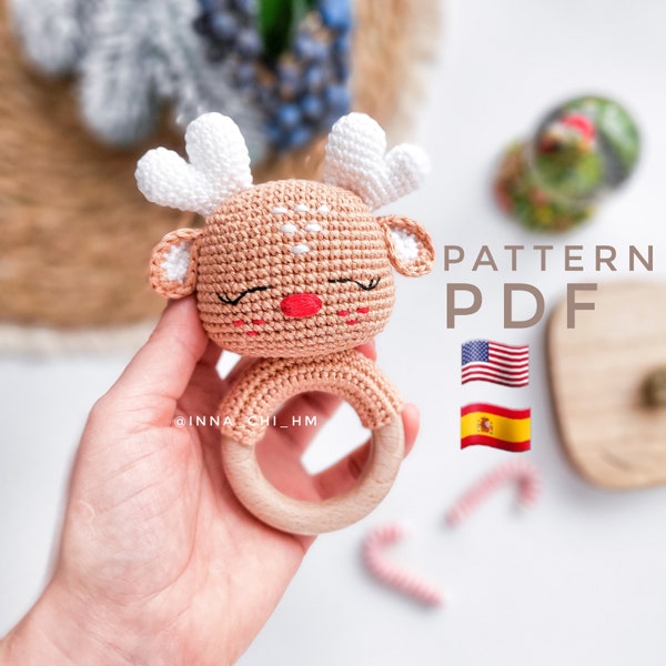 PATTERN ONLY: Reindeer baby rattle | Deer amigurumi toy | Deer toy tutorial | Northern deer PDF Crochet Pattern in English, Spanish