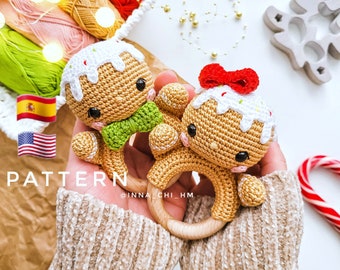 PATTERN ONLY: Gingerbread boy and girl baby rattles | Christmas ornament | Cookie amigurumi toy | PDF Crochet Pattern in English,  Spanish