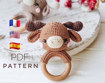 PATTERN ONLY: Moose baby rattle | Moose amigurumi toy | Moose toy tutorial | Pdf Crochet Pattern in English (US terms), Spanish, French