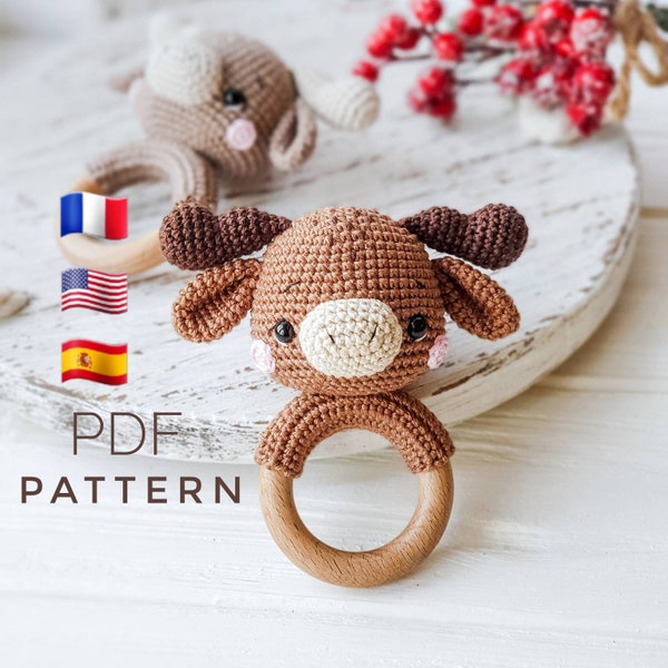 PATTERN ONLY: Moose baby rattle | Moose amigurumi toy | Moose toy tutorial | Pdf Crochet Pattern in English (US terms), Spanish, French