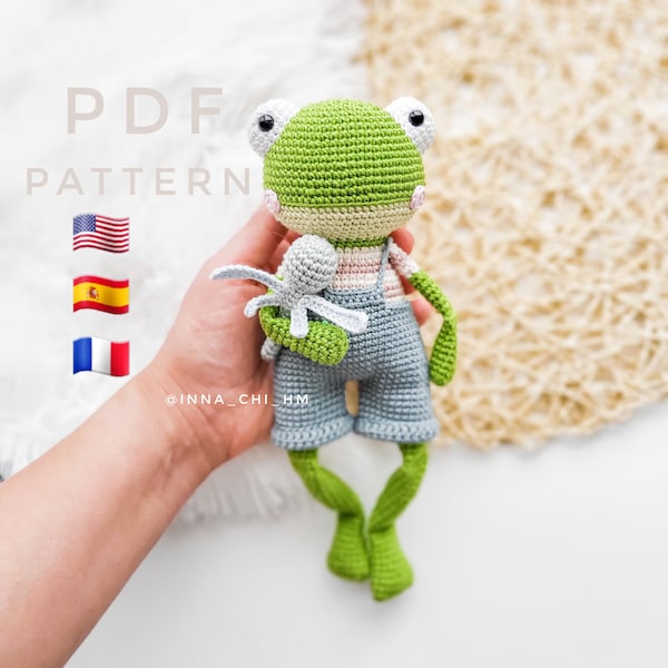 PATTERN ONLY: Frog crochet toy | Amigurumi Frog | Froggy crochet tutorial | Pdf Crochet Pattern in English (US terms), Spanish, French