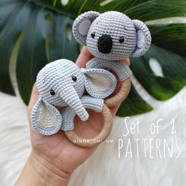 Lot de 2 motifs ÉLÉPHANT, KOALA| Motifs d'animaux de safari au crochet | Jouets amigurumi | Modèles PDF faciles à suivre en anglais